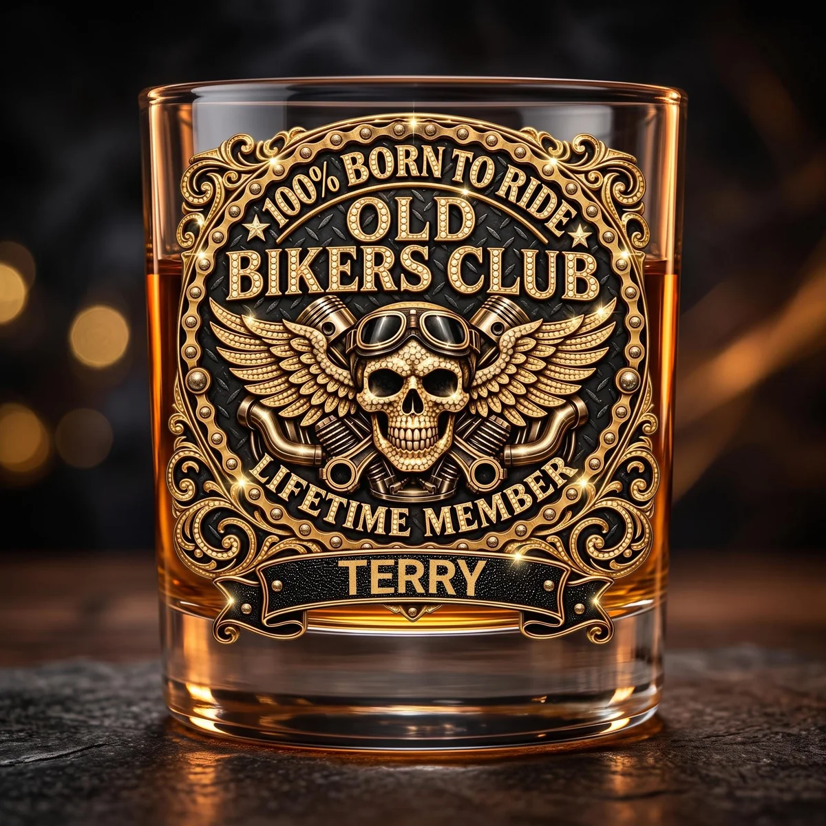 3D Rhinestone Effect Old Bikers Club Whiskey Glass