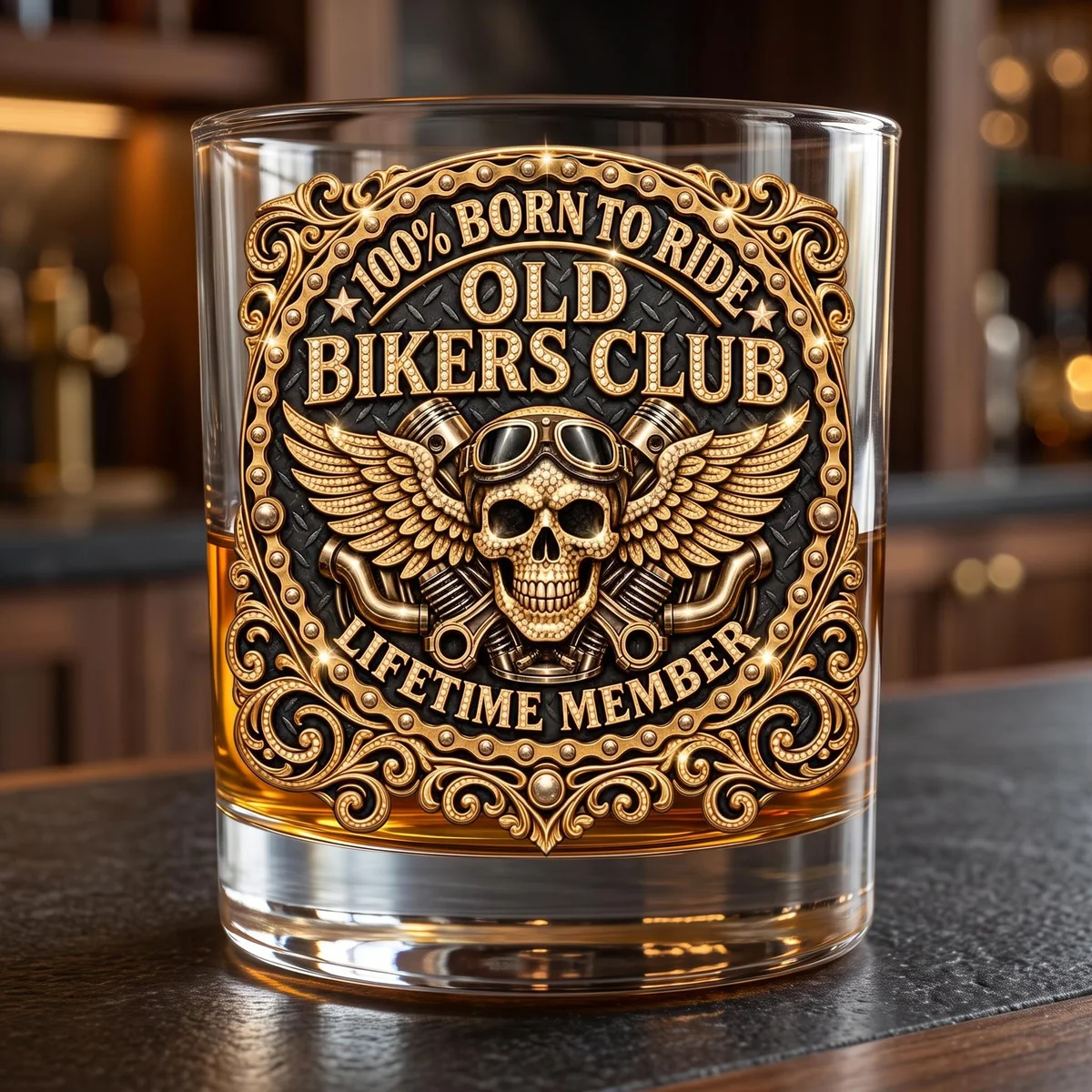 View 2 of 3D Rhinestone Effect Old Bikers Club Whiskey Glass