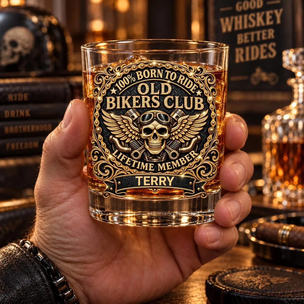 View 4 of 3D Rhinestone Effect Old Bikers Club Whiskey Glass