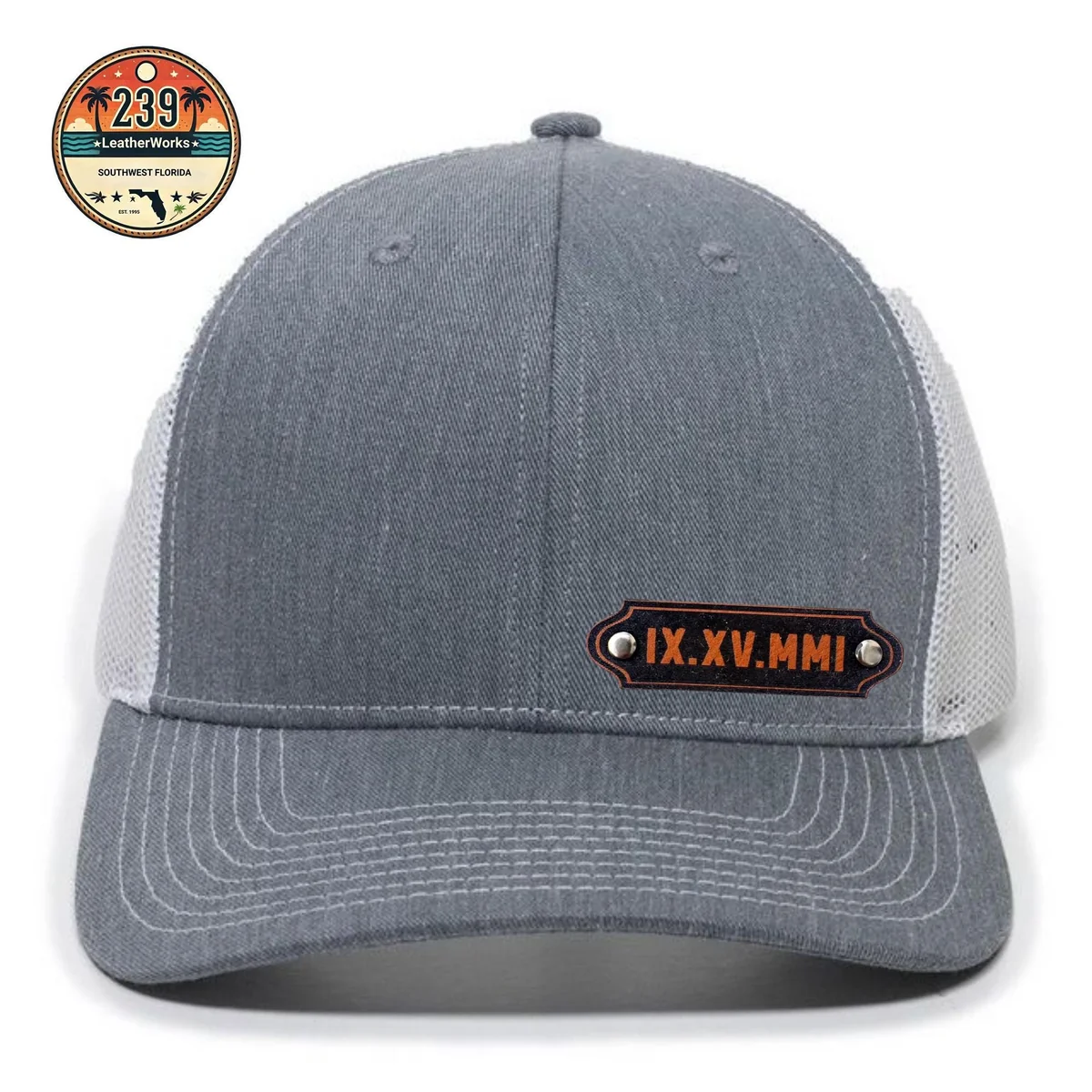 View 2 of Custom Roman Numeral Wedding Date Leatherette Patch Trucker Hat