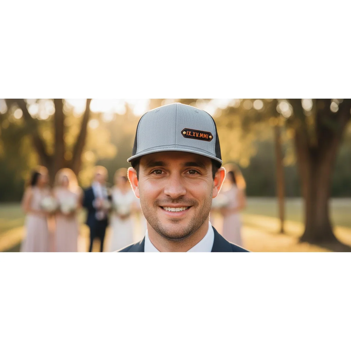 View 3 of Custom Roman Numeral Wedding Date Leatherette Patch Trucker Hat