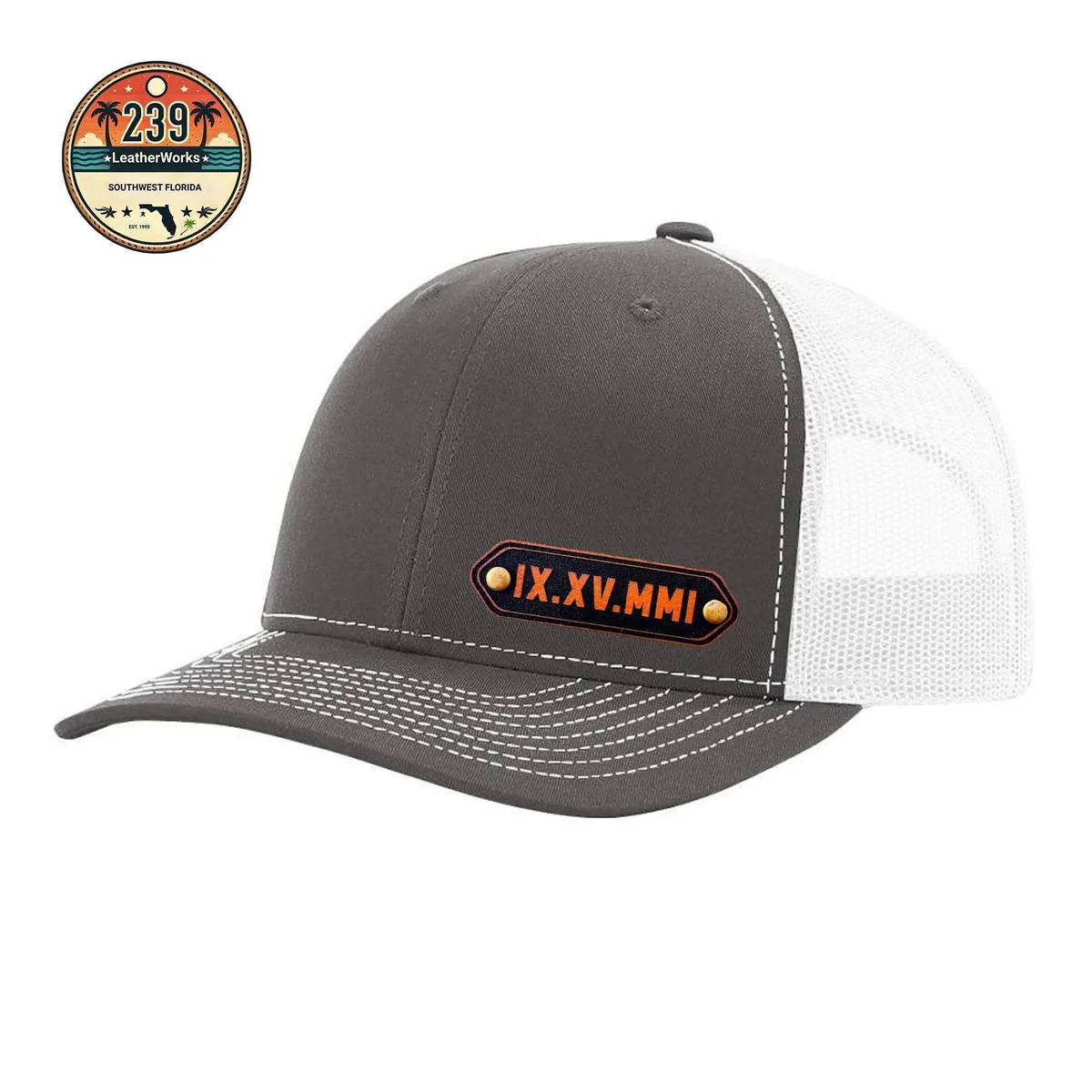 View 4 of Custom Roman Numeral Wedding Date Leatherette Patch Trucker Hat