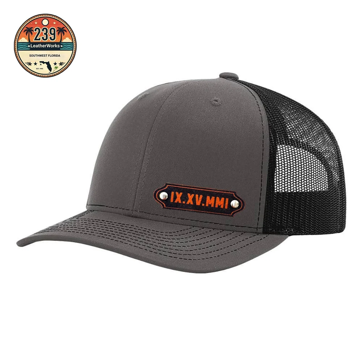 View 6 of Custom Roman Numeral Wedding Date Leatherette Patch Trucker Hat
