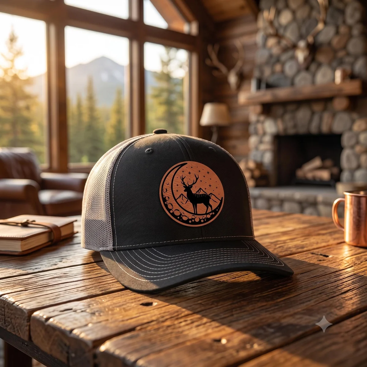 View 2 of Deer Leatherette Patch Trucker Hat
