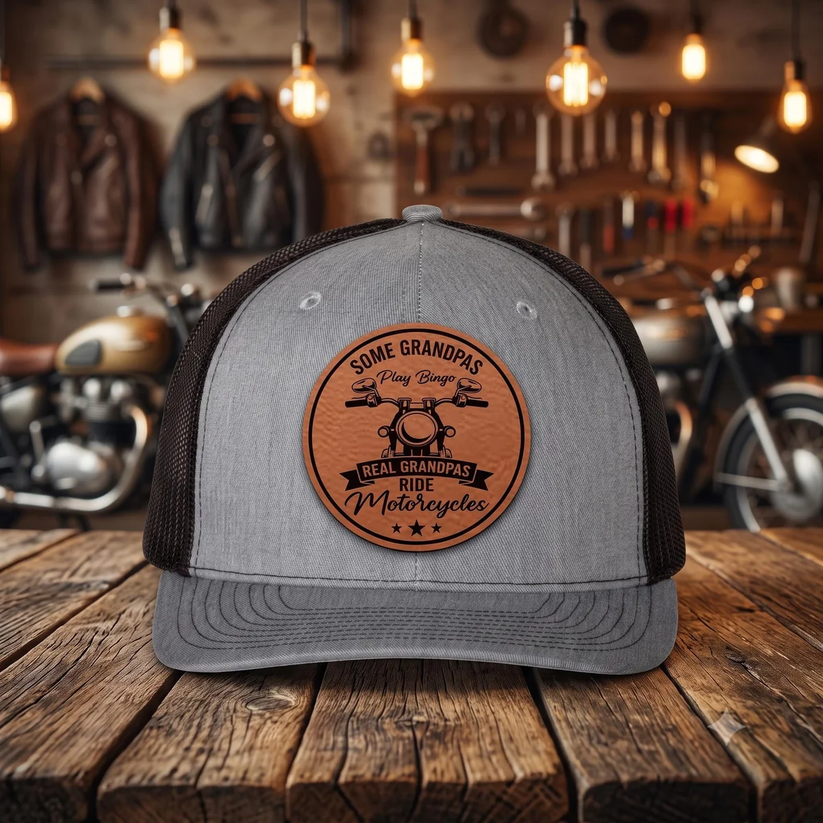 Grandpa Motorcycle Leatherette Patch Trucker Hat