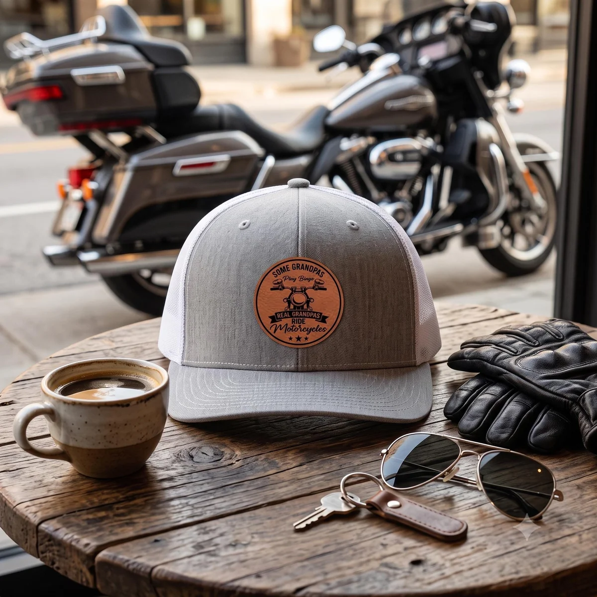 View 2 of Grandpa Motorcycle Leatherette Patch Trucker Hat
