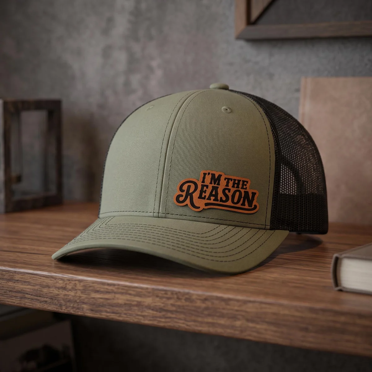 View 5 of I'm The Reason Leather Patch Trucker Hat