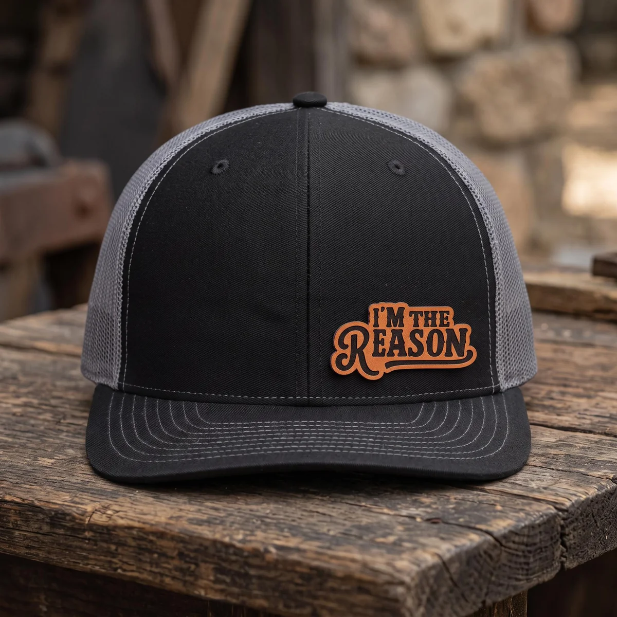 View 6 of I'm The Reason Leather Patch Trucker Hat