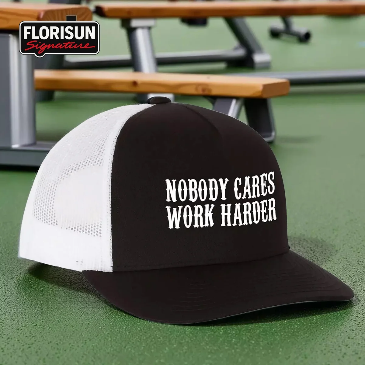 View 2 of Nobody Cares Work Harder Trucker Hat – Motivational Gym Snapback