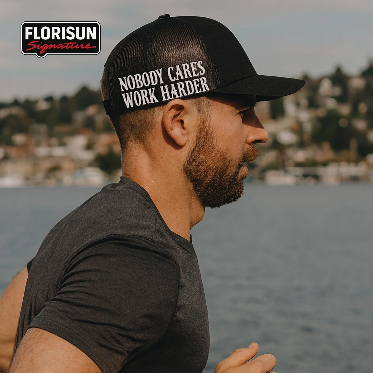 View 3 of Nobody Cares Work Harder Trucker Hat – Motivational Gym Snapback