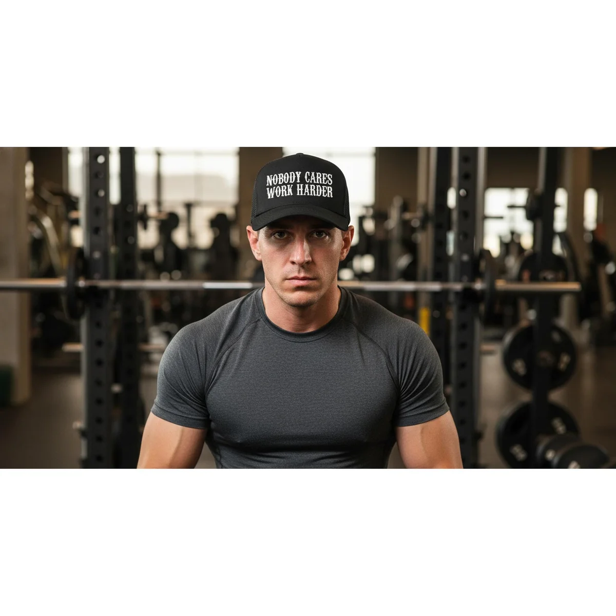 View 4 of Nobody Cares Work Harder Trucker Hat – Motivational Gym Snapback