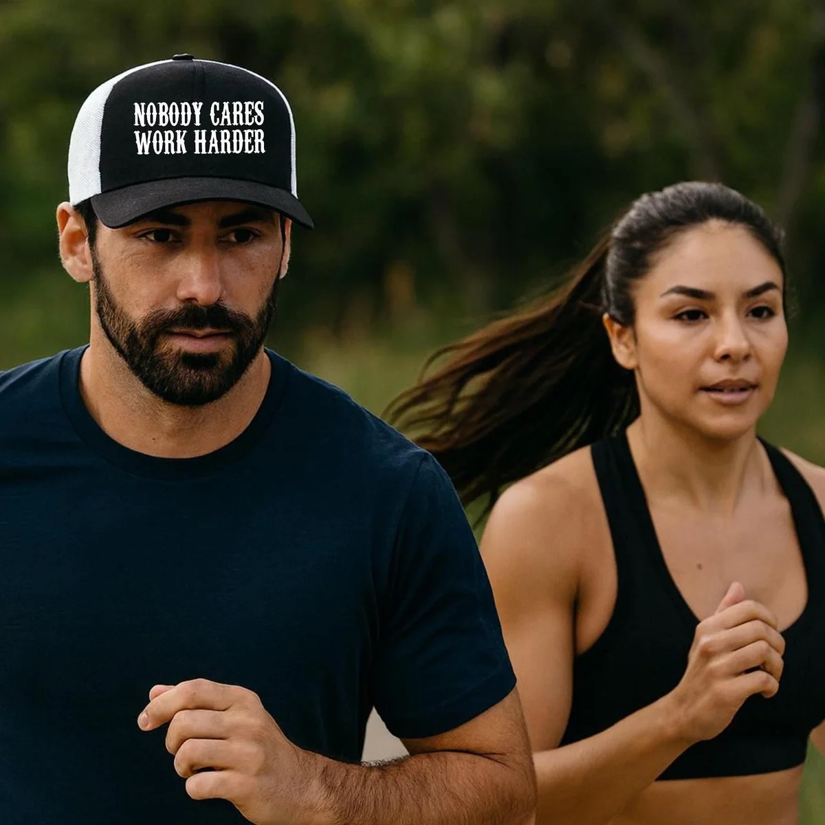 View 5 of Nobody Cares Work Harder Trucker Hat – Motivational Gym Snapback
