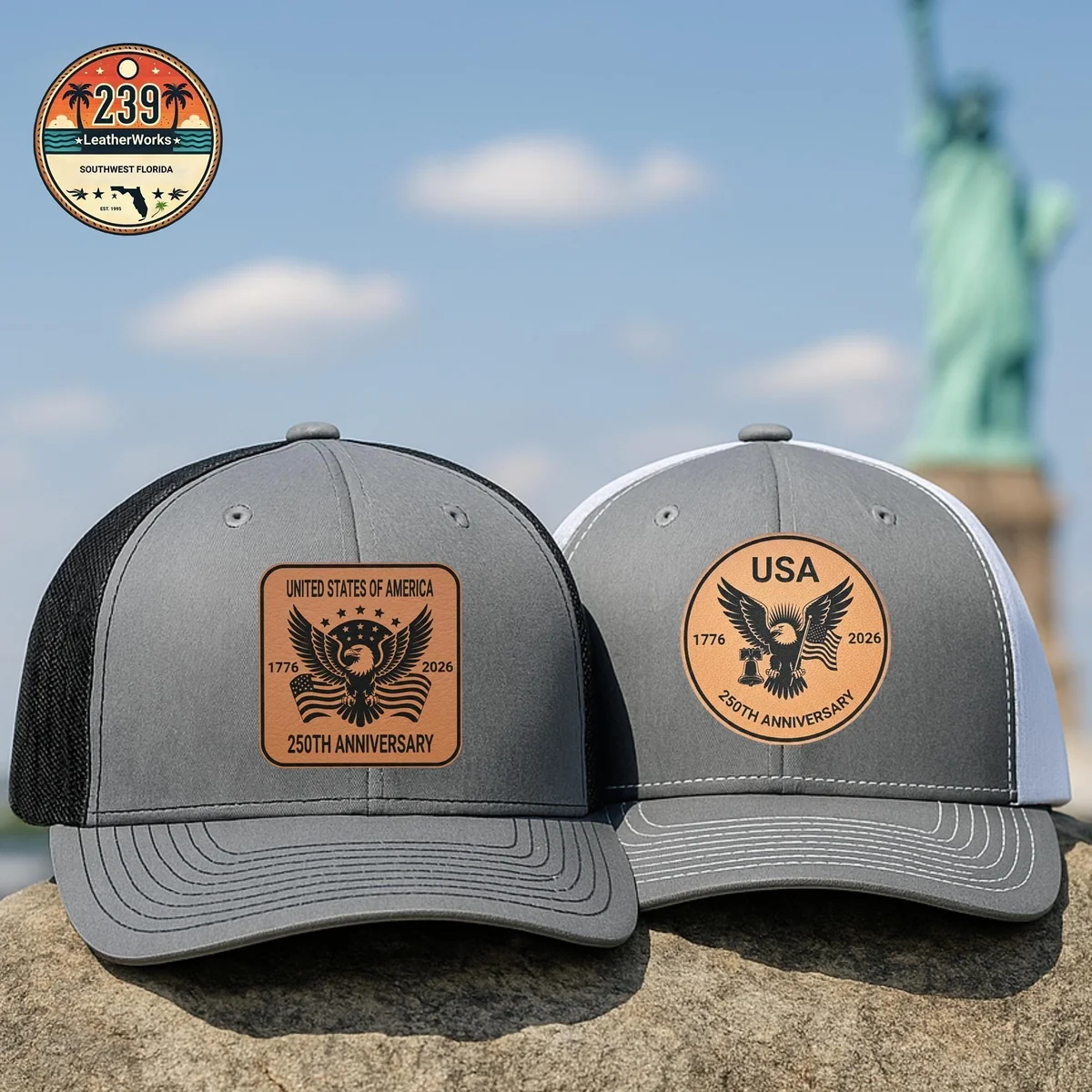 View 3 of Patriotic Leatherette Patch Trucker Hat