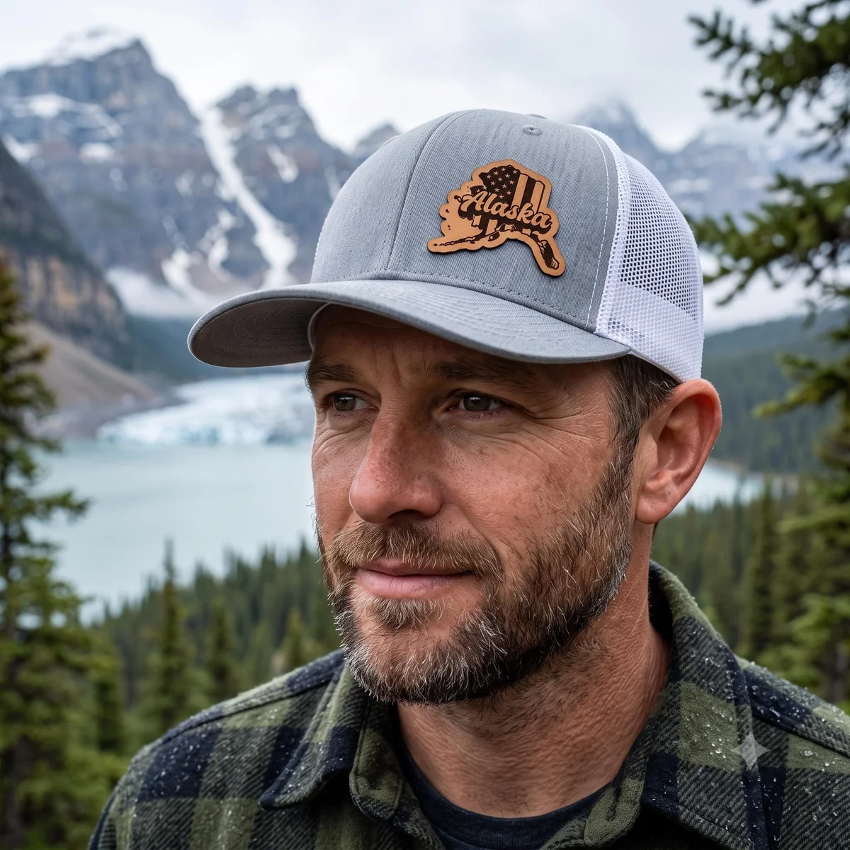 View 5 of Personalized Alaska Leatherette Patch Trucker Hat
