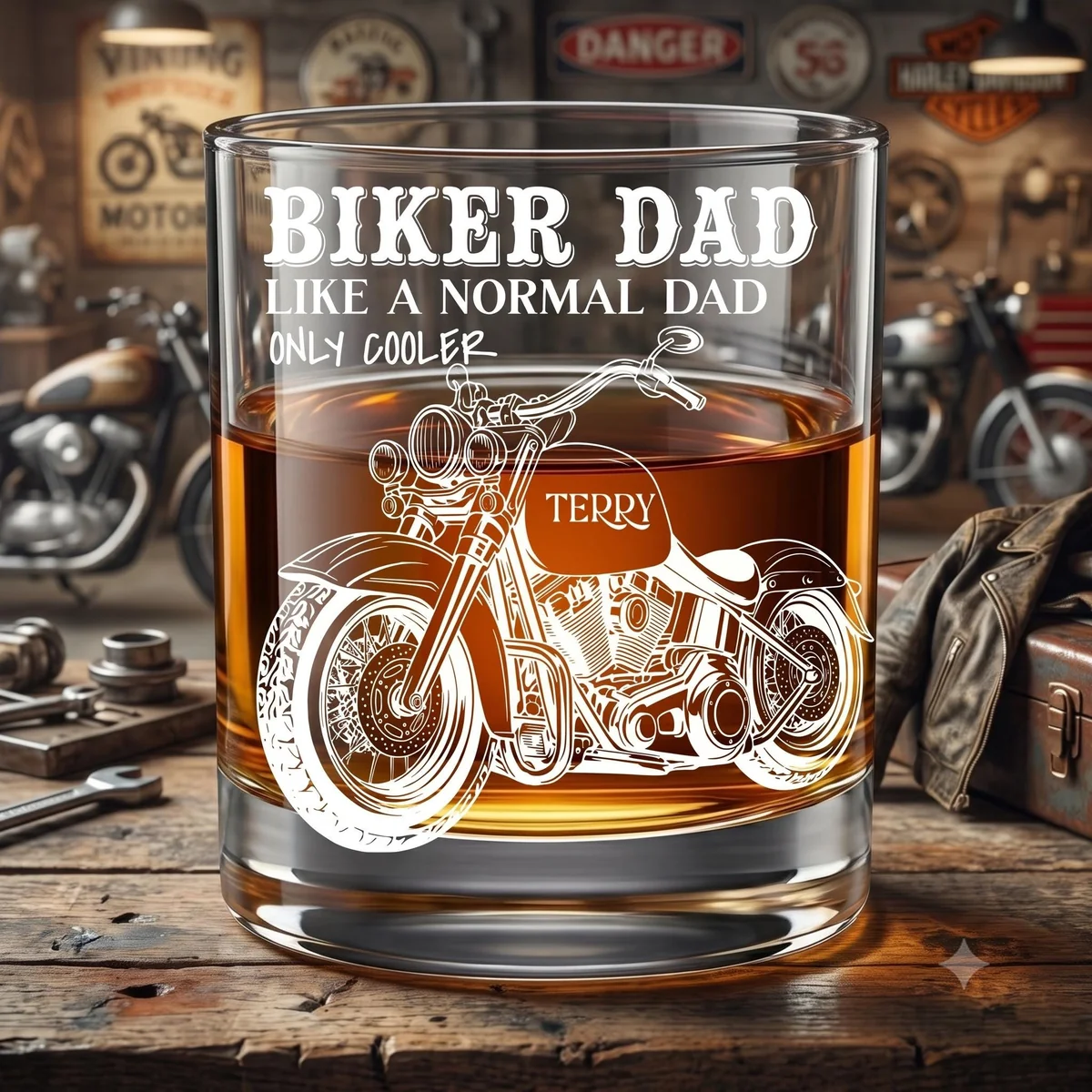 View 6 of Personalized Biker Dad Whiskey Glass