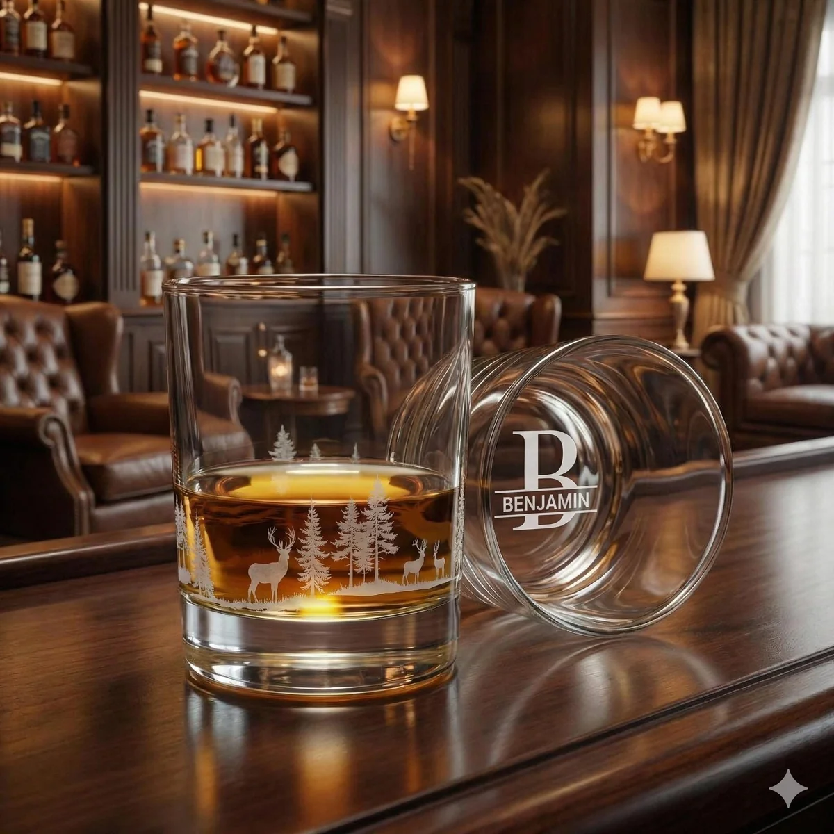 View 4 of Personalized Deer Forest Engraved Whiskey Glass