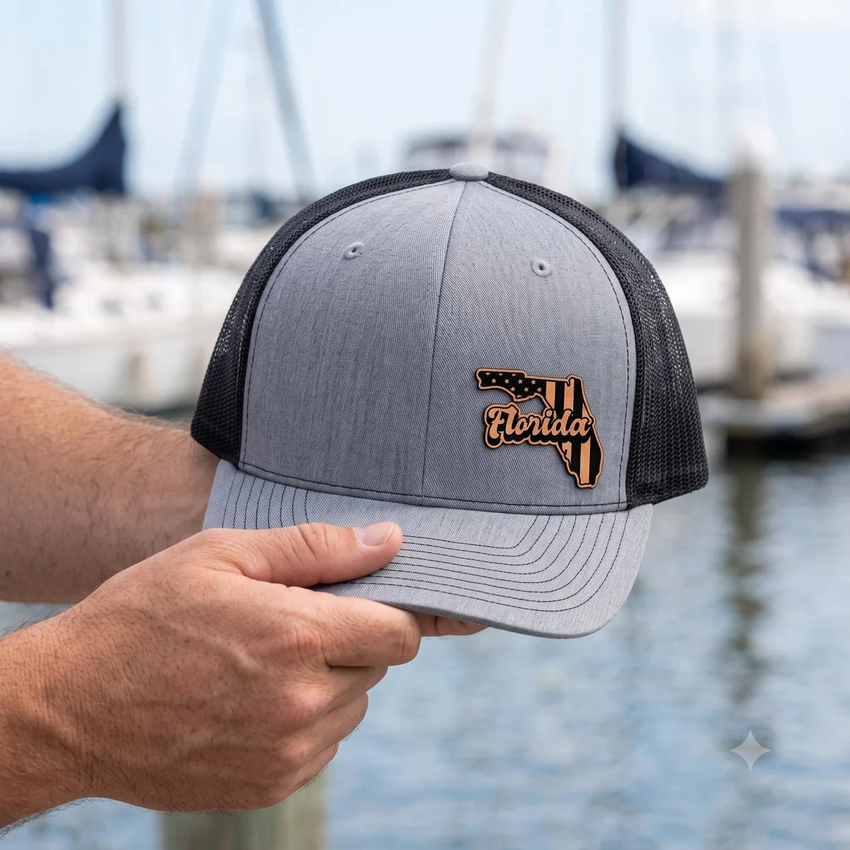View 4 of Personalized Florida Leatherette Patch Trucker Hat