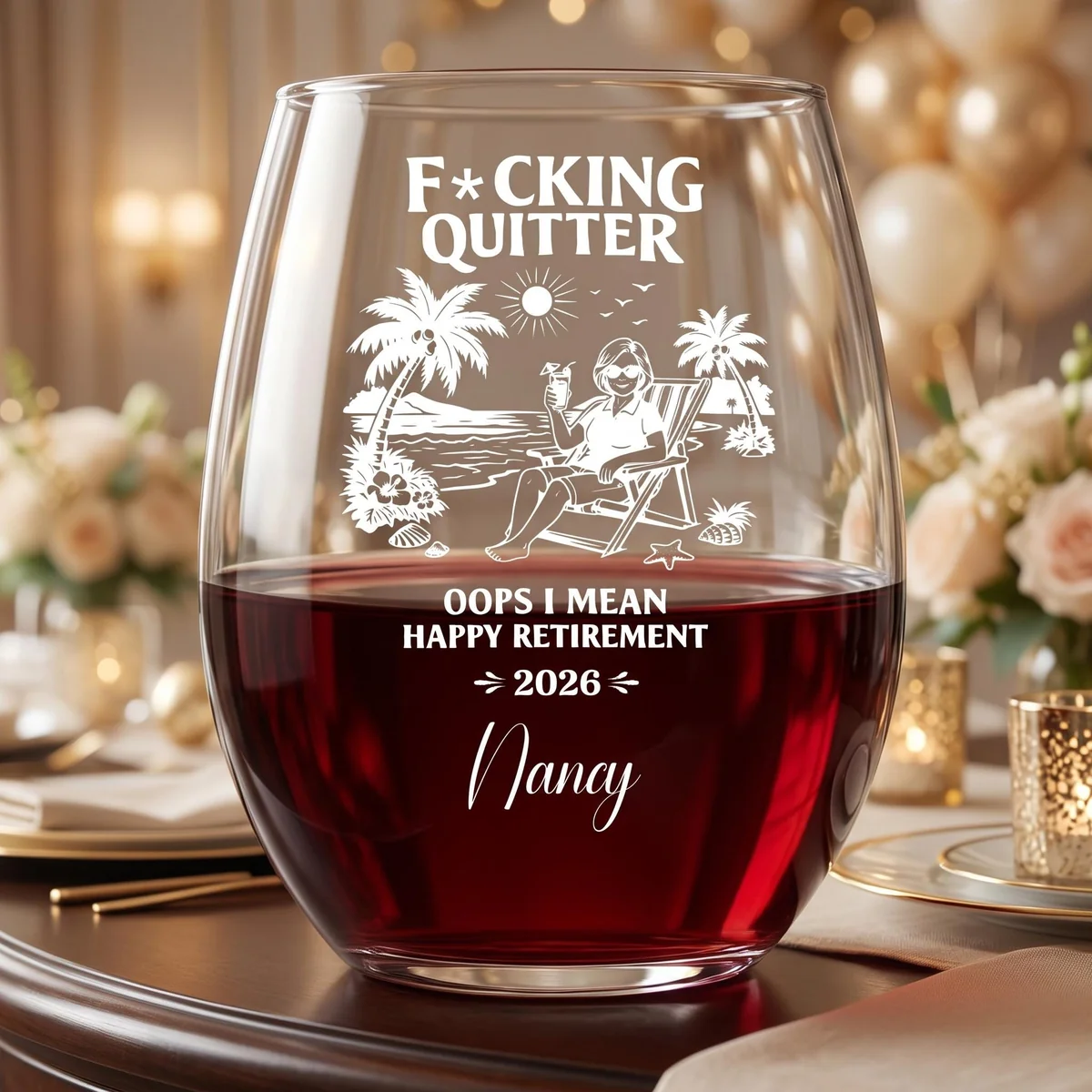 View 6 of Personalized Funny Retirement Wine Glass