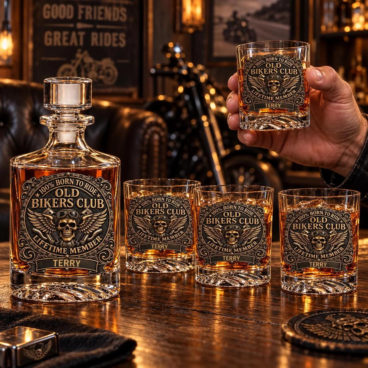 View 5 of Personalized Old Bikers Club Decanter Set
