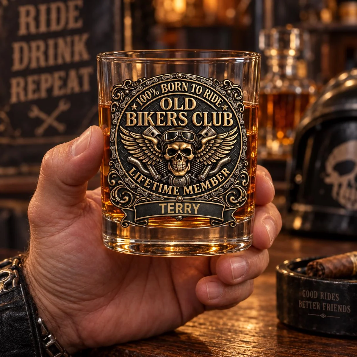 View 3 of Personalized Old Bikers Club Whiskey Glass