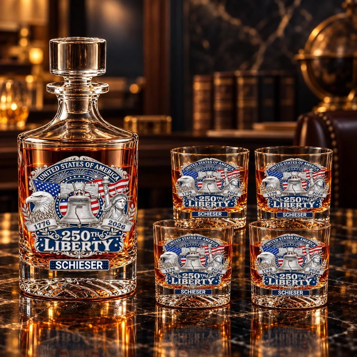 View 3 of Personalized Patriotic Eagle Liberty Bell Decanter Set
