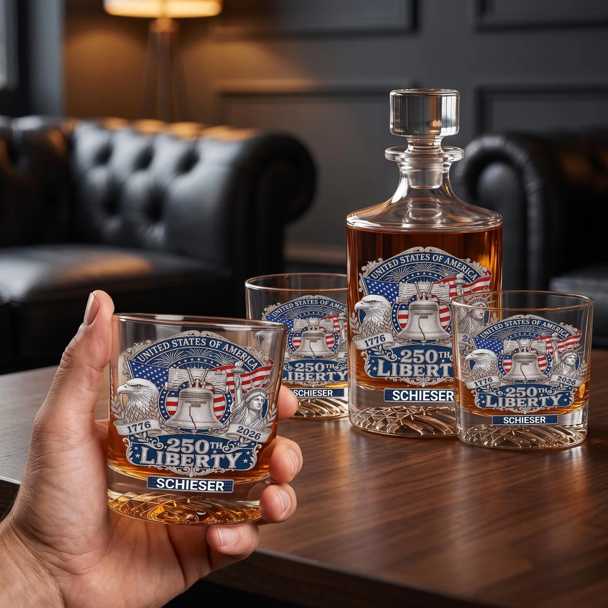 View 4 of Personalized Patriotic Eagle Liberty Bell Decanter Set