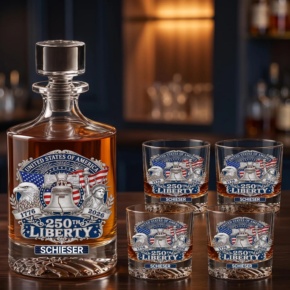 View 6 of Personalized Patriotic Eagle Liberty Bell Decanter Set