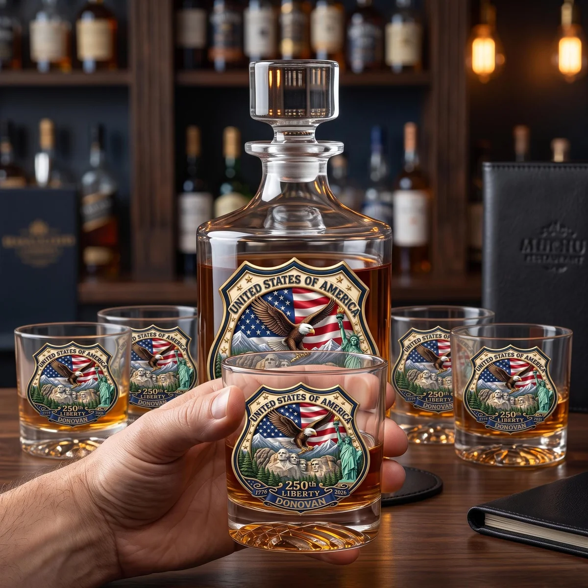 View 3 of Personalized Patriotic Eagle Whiskey Decanter Set