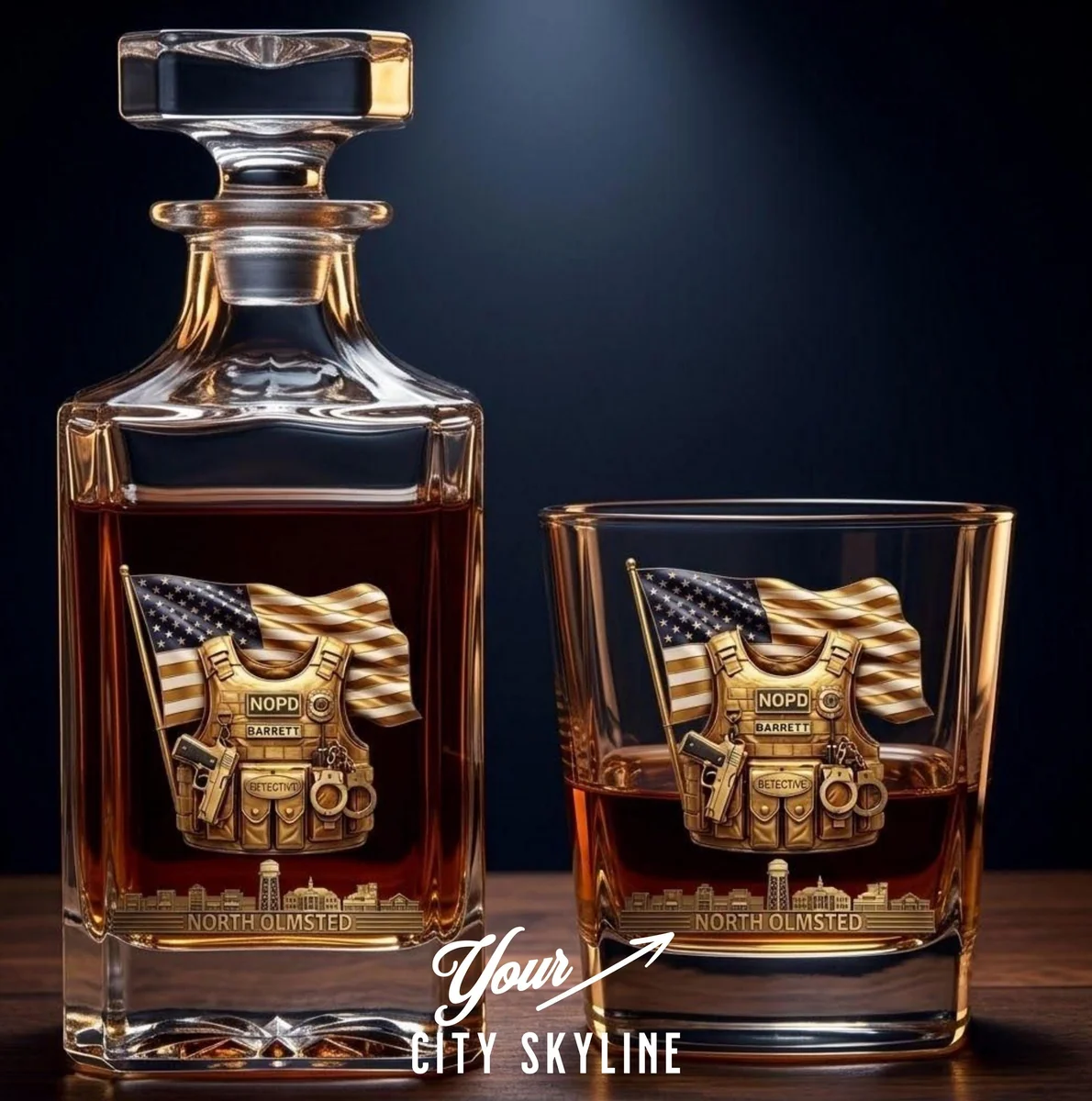 View 2 of Personalized Police Whiskey Decanter Set with 4 Glasses