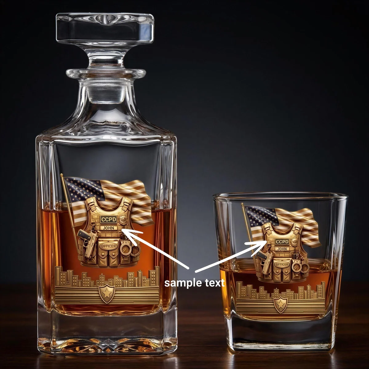 View 2 of Personalized Police Whiskey Decanter Set with 4 Glasses