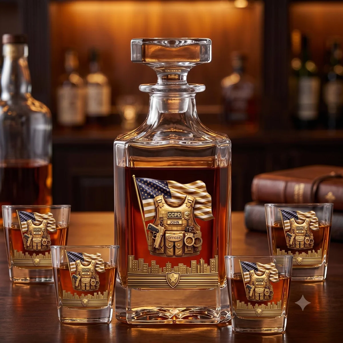 View 5 of Personalized Police Whiskey Decanter Set with 4 Glasses