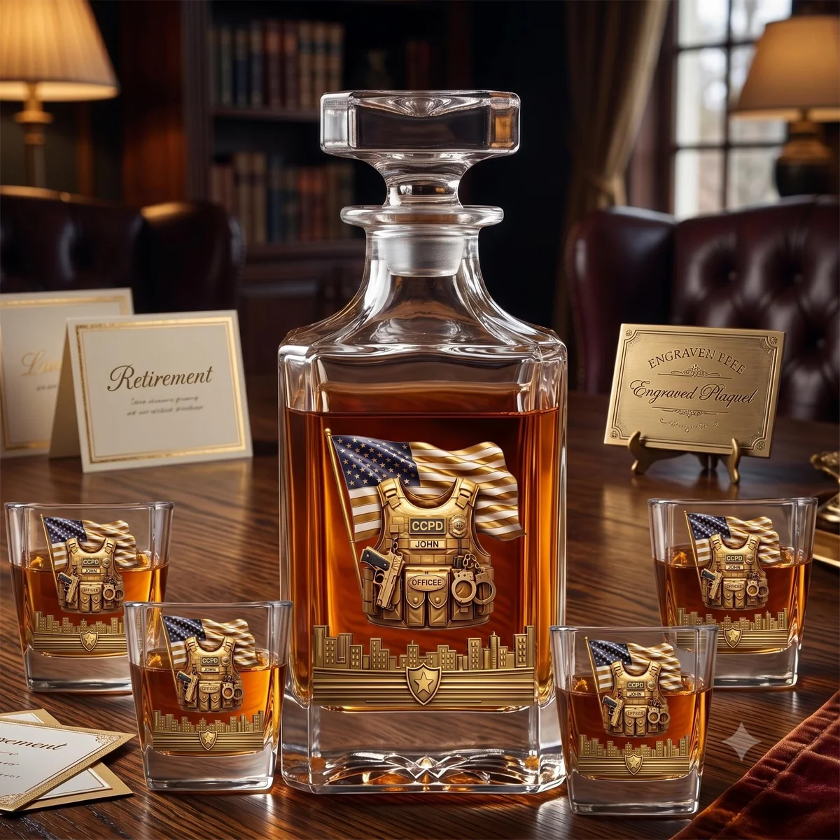 View 6 of Personalized Police Whiskey Decanter Set with 4 Glasses