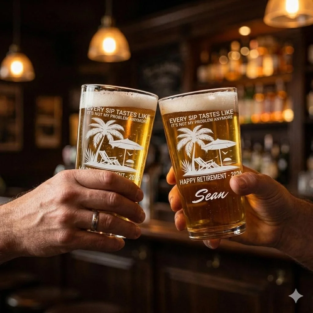 View 3 of Personalized Retirement Pint Glass Laser Engraved