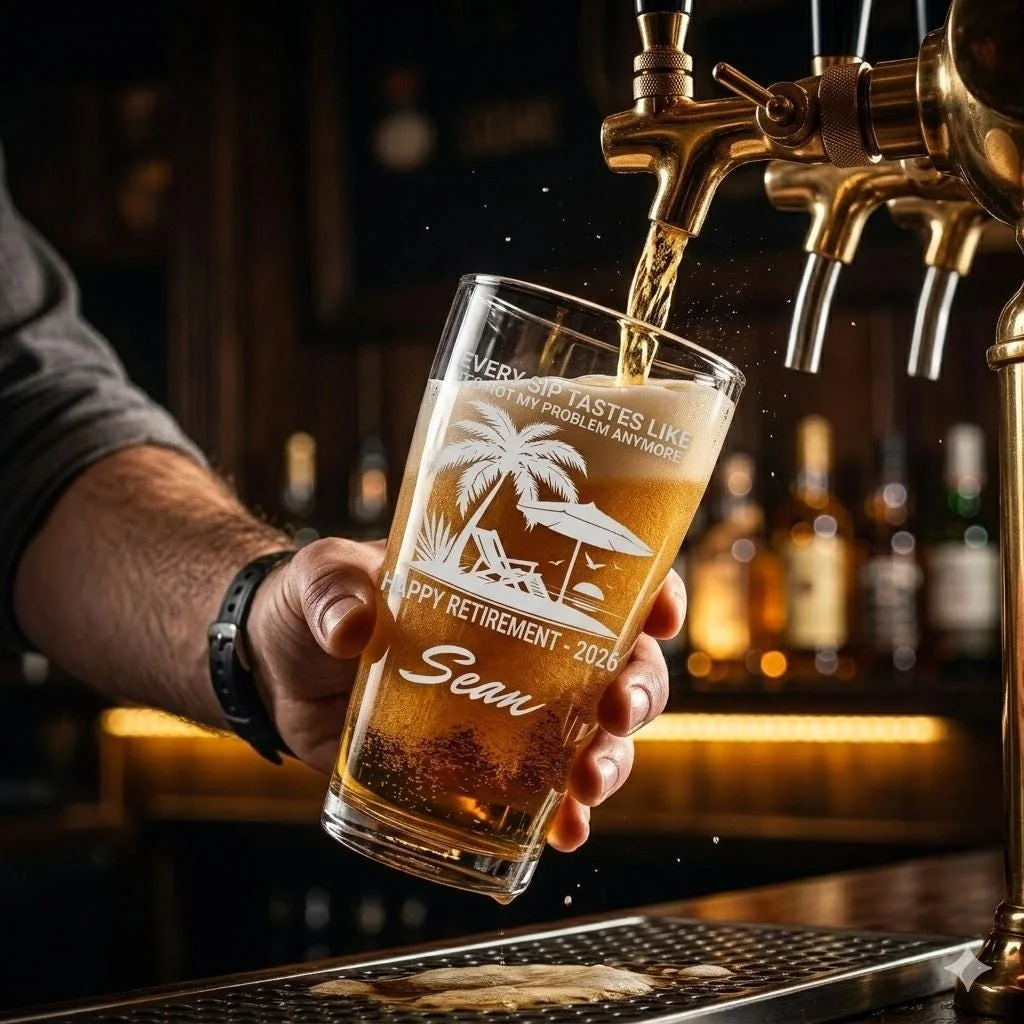 View 5 of Personalized Retirement Pint Glass Laser Engraved