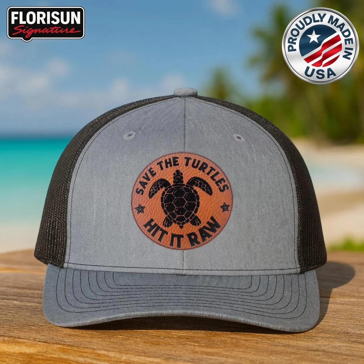 Save The Turtles Trucker Hat: Laser-Engraved Leather Patch Cap