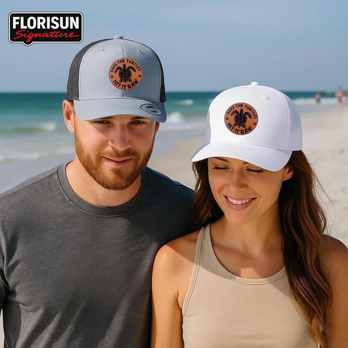 View 2 of Save The Turtles Trucker Hat: Laser-Engraved Leather Patch Cap