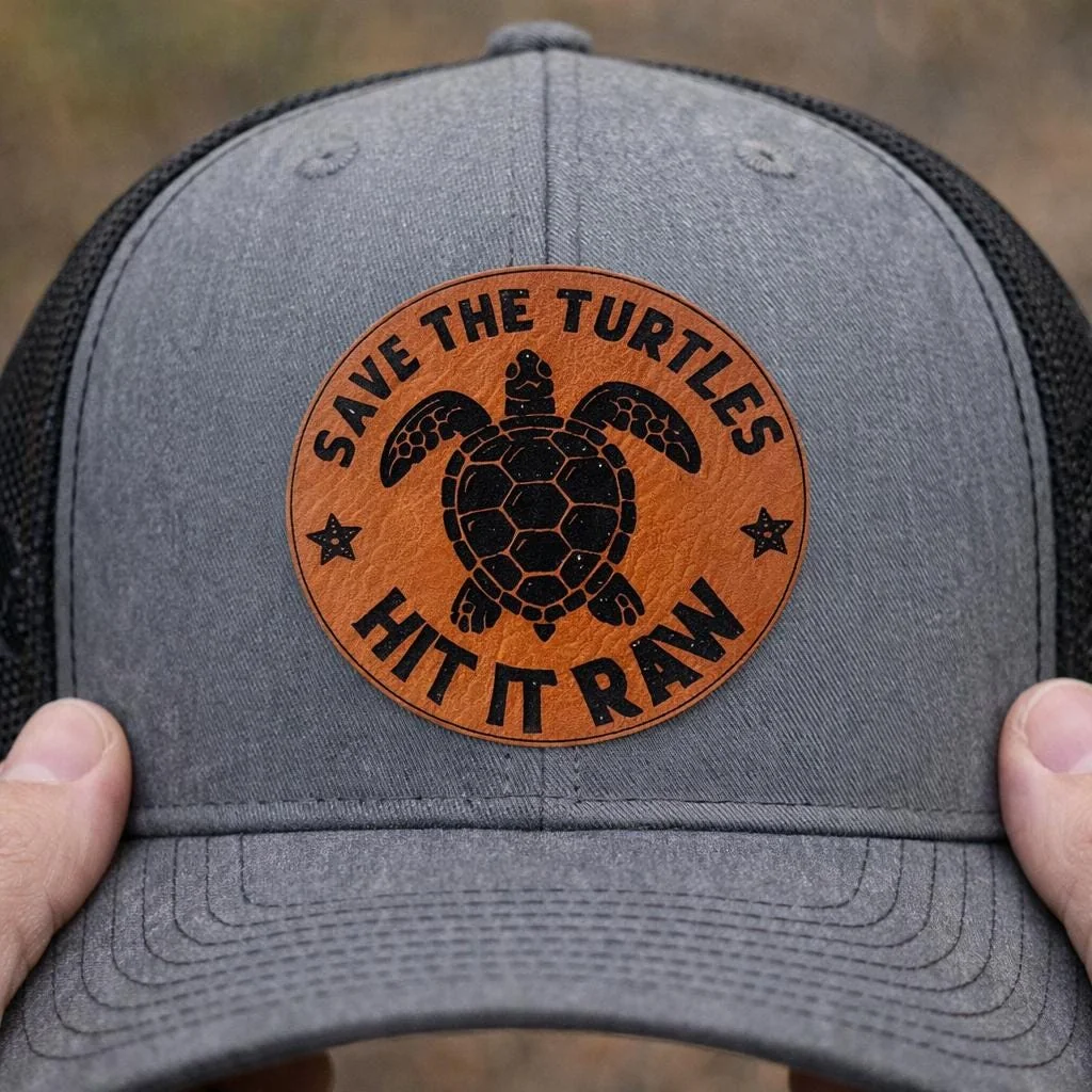 View 3 of Save The Turtles Trucker Hat: Laser-Engraved Leather Patch Cap