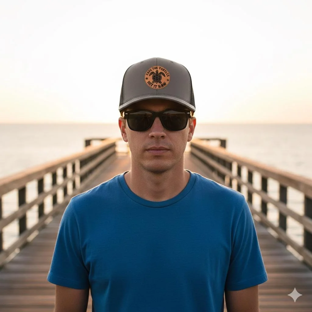 View 4 of Save The Turtles Trucker Hat: Laser-Engraved Leather Patch Cap