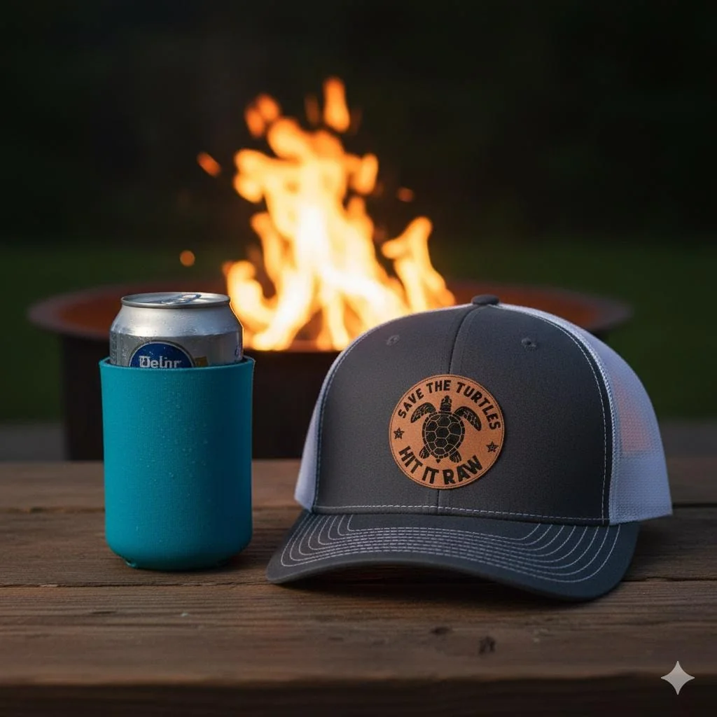 View 5 of Save The Turtles Trucker Hat: Laser-Engraved Leather Patch Cap