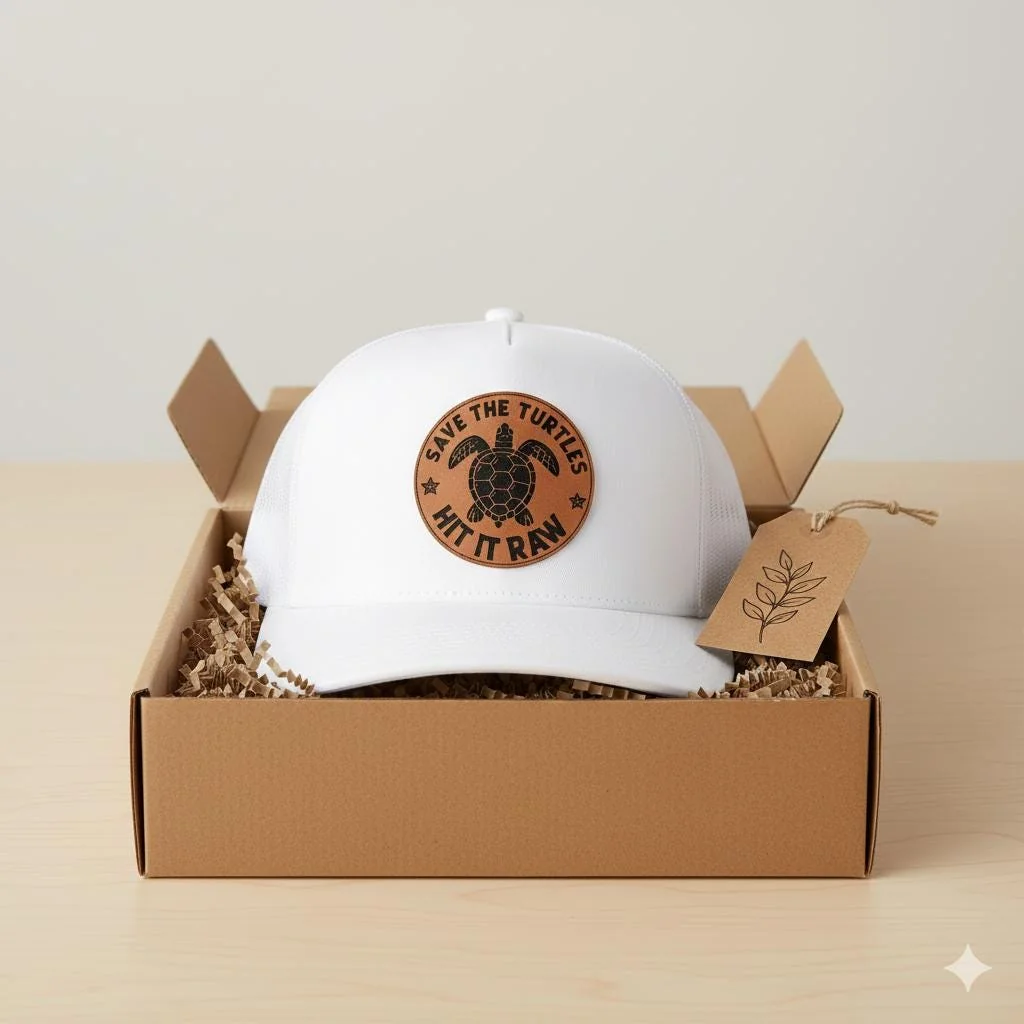 View 6 of Save The Turtles Trucker Hat: Laser-Engraved Leather Patch Cap