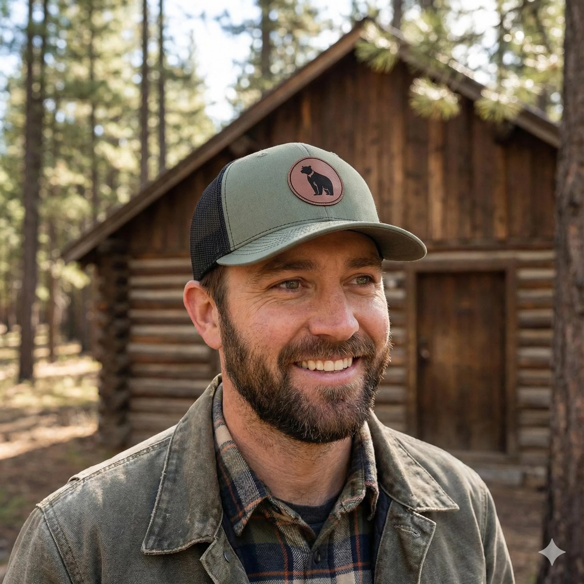 View 3 of Bear Leather Patch Trucker Hat