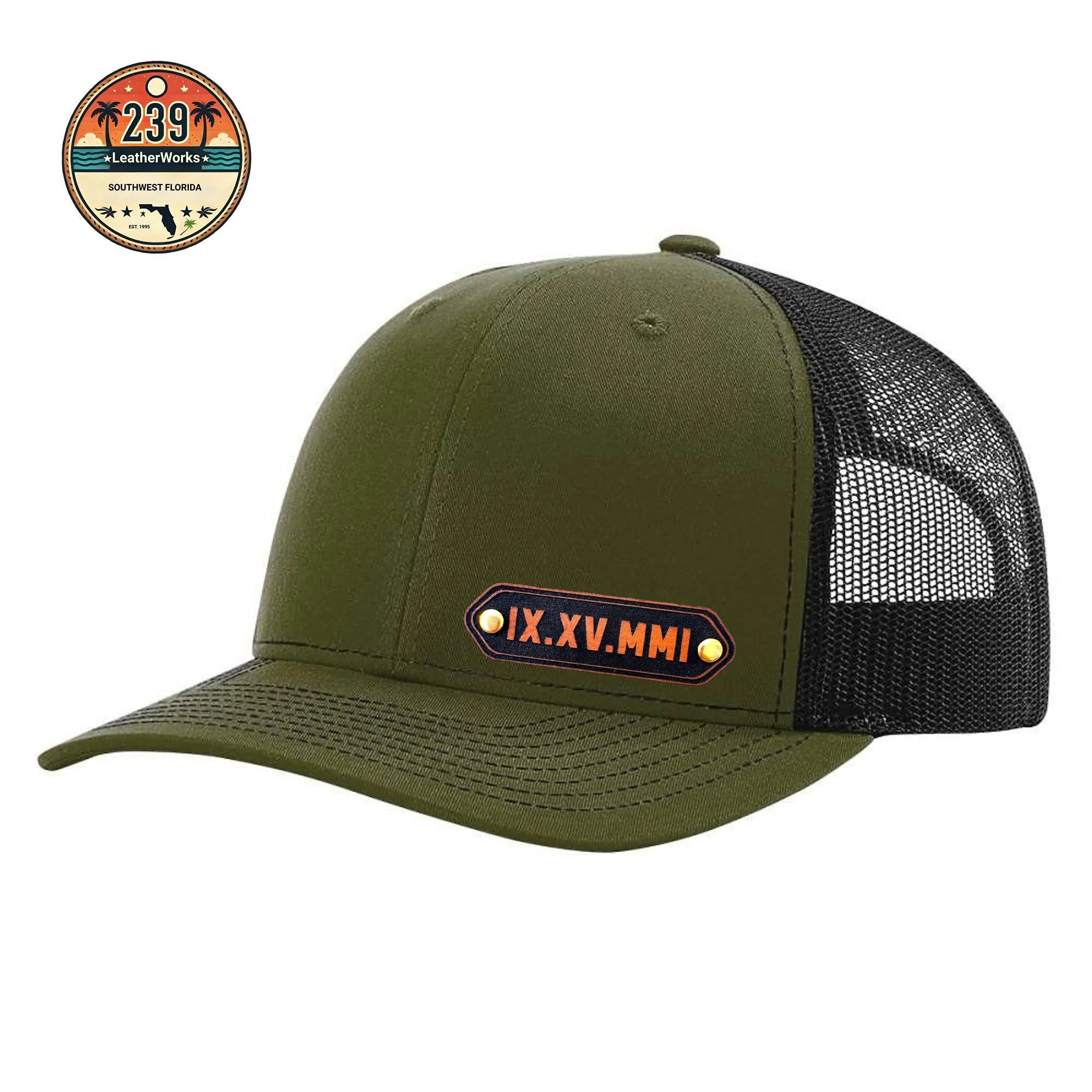 View 4 of Custom Roman Numeral Wedding Date Leather Patch Trucker Hat