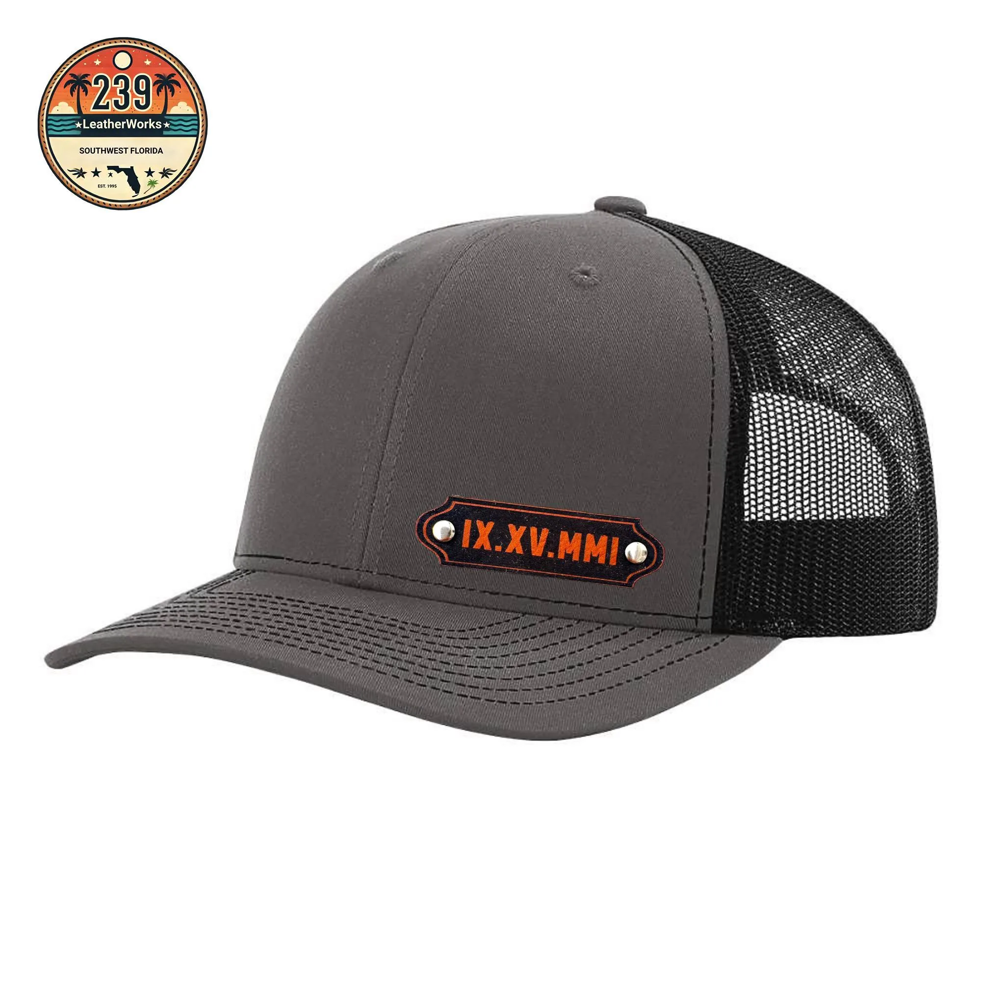 View 5 of Custom Roman Numeral Wedding Date Leather Patch Trucker Hat