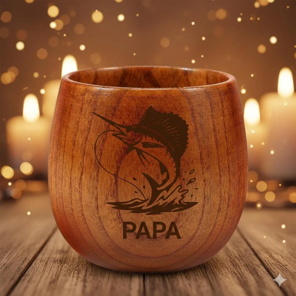 View 4 of Personalized Fishing Papa Wooden Whiskey Cup